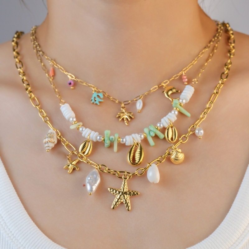 Fashion 304 Stainless Steel Shell Starfish Conch Necklace For Women Vacation Beach Ocean Style Coconut Tree Titanium Steel Jewelry Accessories