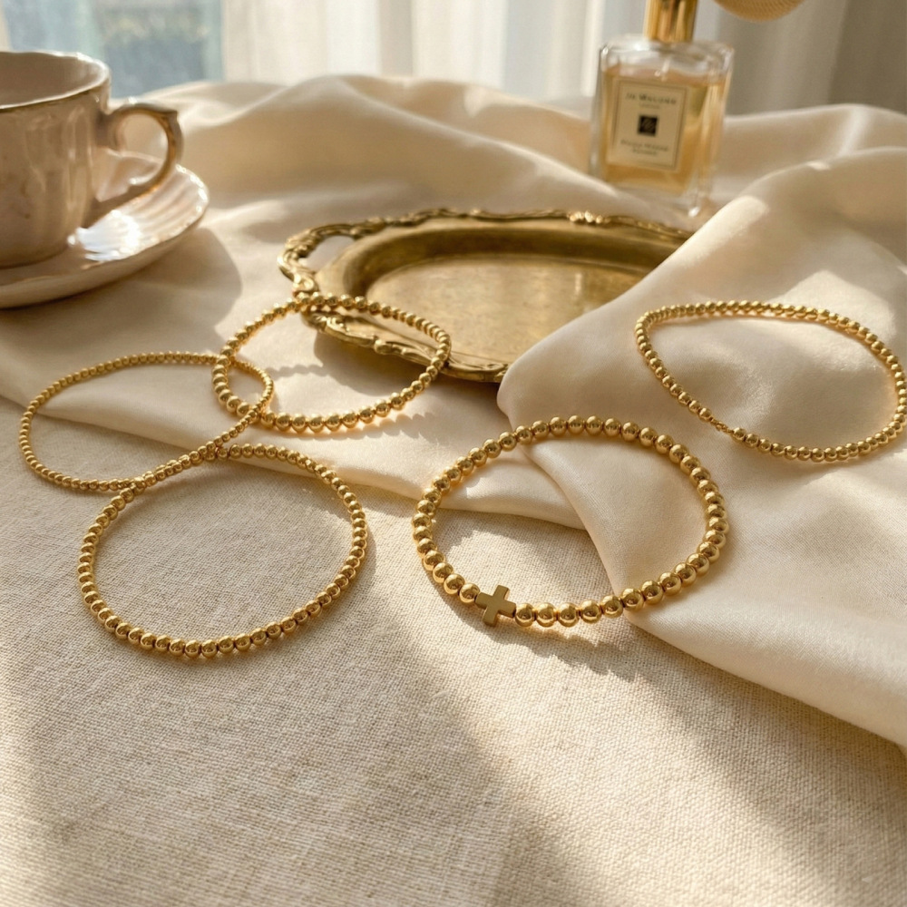 Gold Multi-layer Beaded Bracelet Simple Cool Stackable Round Beaded Bracelet Accessories Unisex