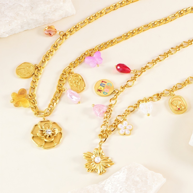 304 Stainless Steel Rose Flower Butterfly PVD Coated 18K Real Gold Plated Elegant Classic Style Waterproof Non Tarnish Plating Lobster Trigger Clasp Closure Multi Charms Necklace