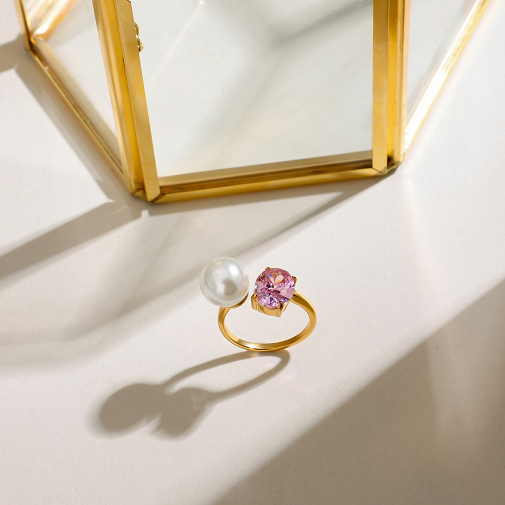 PVD Coated Real Gold Plated Geometric 316 Stainless Steel  Zircon Casual Vacation Romantic Waterproof Non Tarnish Rings