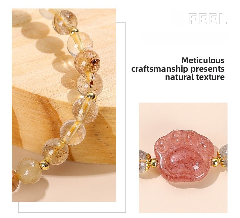 Natural Crystal Cat Paw Bracelet For Girls Cute Tassel Accessories Strawberry Crystal Hair Jewelry Crystal Animal Pattern Jewelry