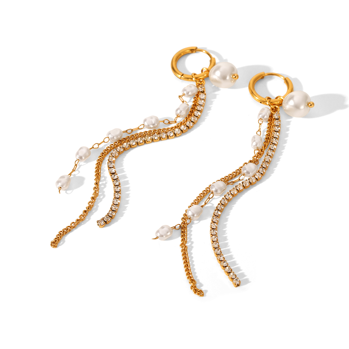304 Stainless Steel Earrings Pearl Chain Zircon Chain Tassel Earrings Light Luxury High-end Long Earrings Versatile Accessories Vacuum Electroplating 18K Real Gold Plated