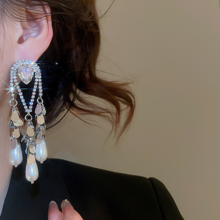 Gold Plated Silver Pin Inlaid Diamond Water Drop Pearl Earrings Vintage Heavy Earrings Jewelry Accessories