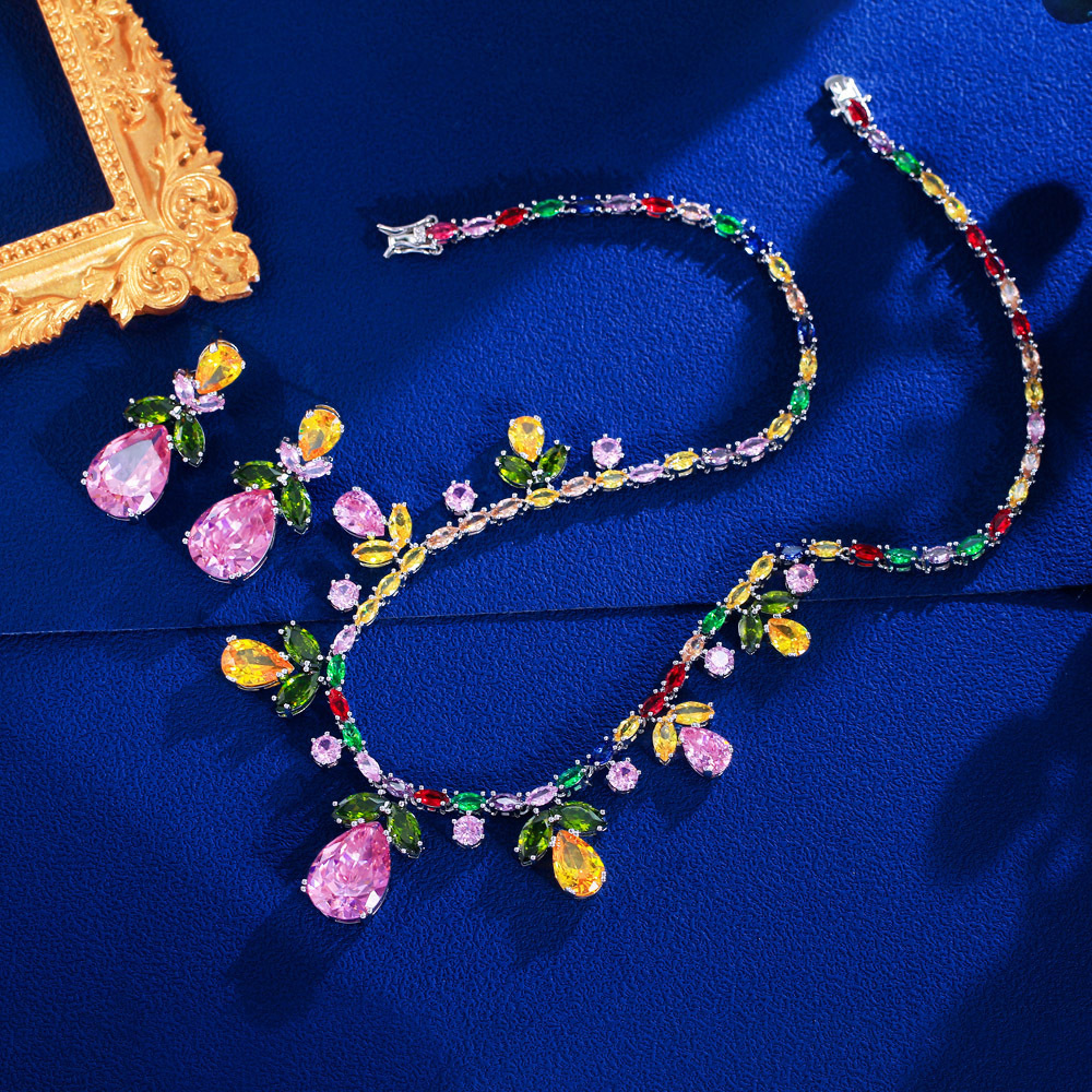 2 Piece Women's Rainbow Cubic Zirconia Necklace Set Chunky Statement Bridal Party Jewelry Gift With Waterdrop Flower Design