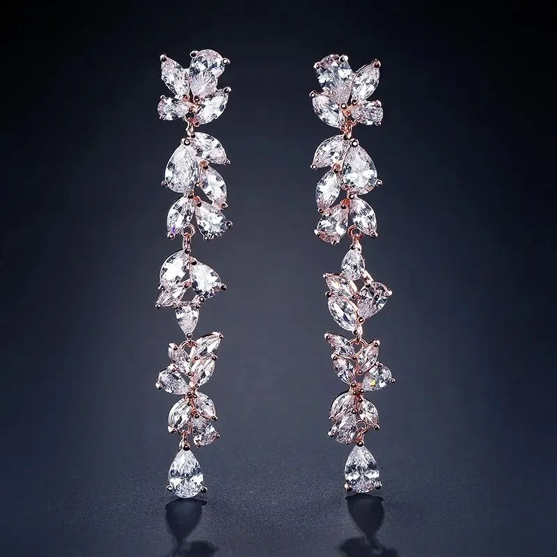 Elegant Long Tassel Earrings For Women With 3A Zirconia Embedded Fashionable Wedding Jewelry Accessories Geometric Pattern Copper Material