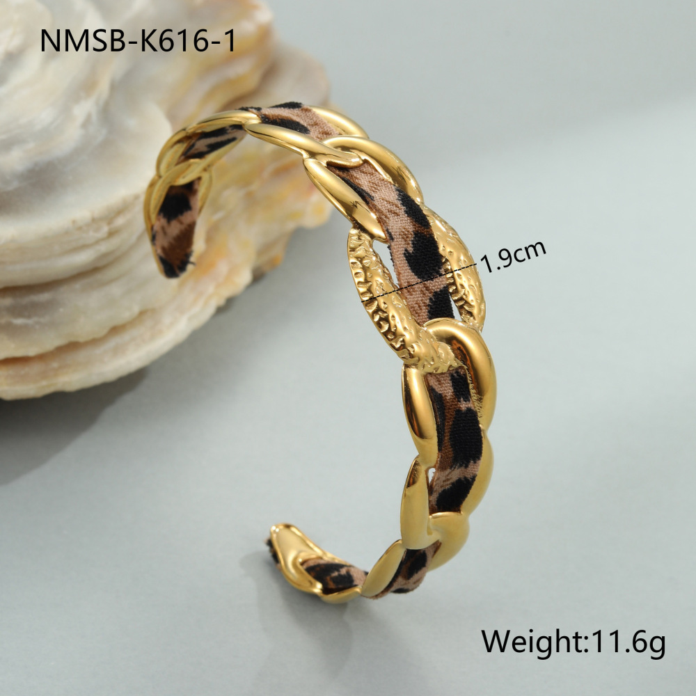 Stainless Steel Wide Open Bracelet With Leopard Print Ribbon Fashionable European Style Gold Plated Accessory For Women