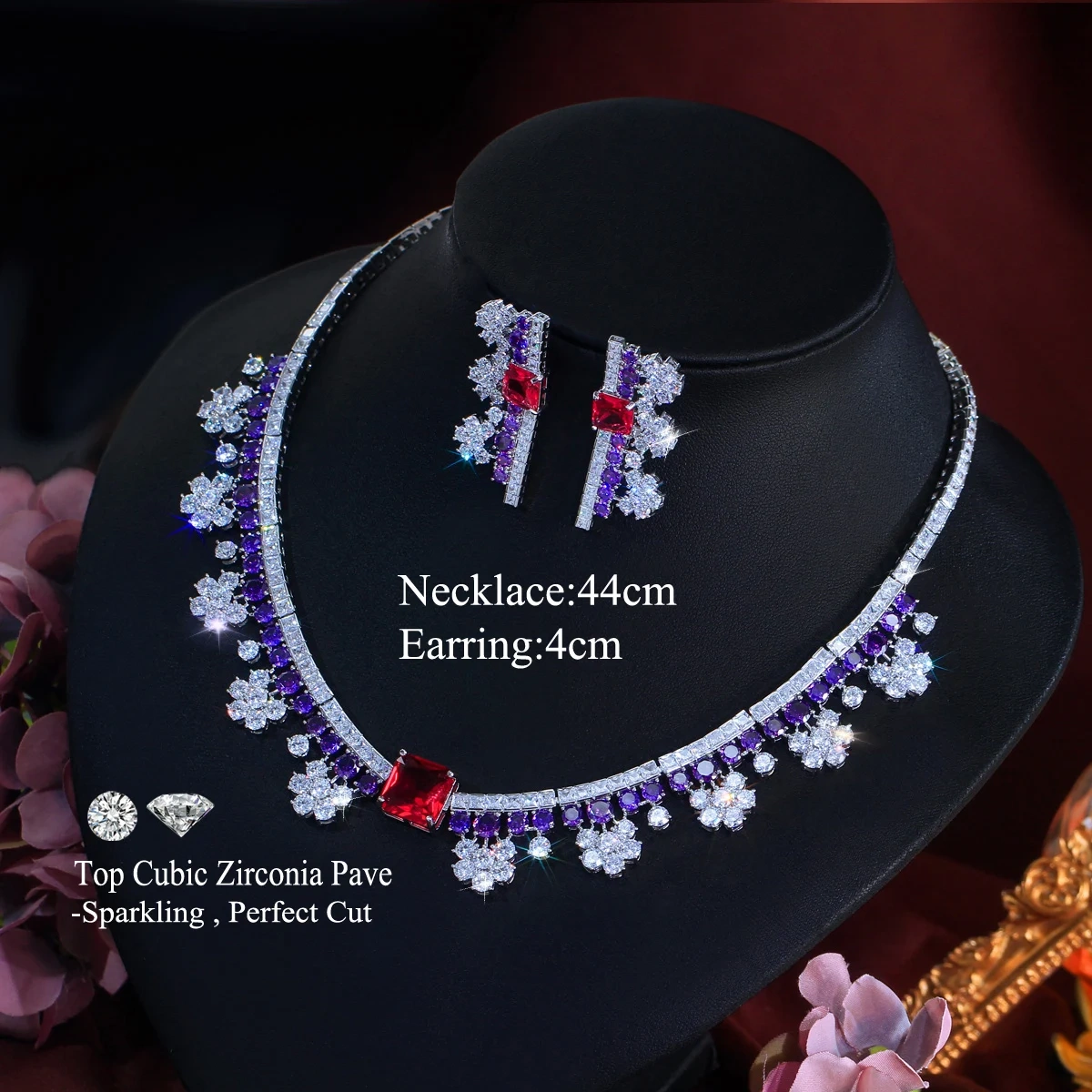 Copper Jewelry Two-Piece Set Charming Purple White Red Zircon Inlaid Floral Necklace Earring Set Suitable For Women Engagement/Wedding Ideal Jewelry Gift