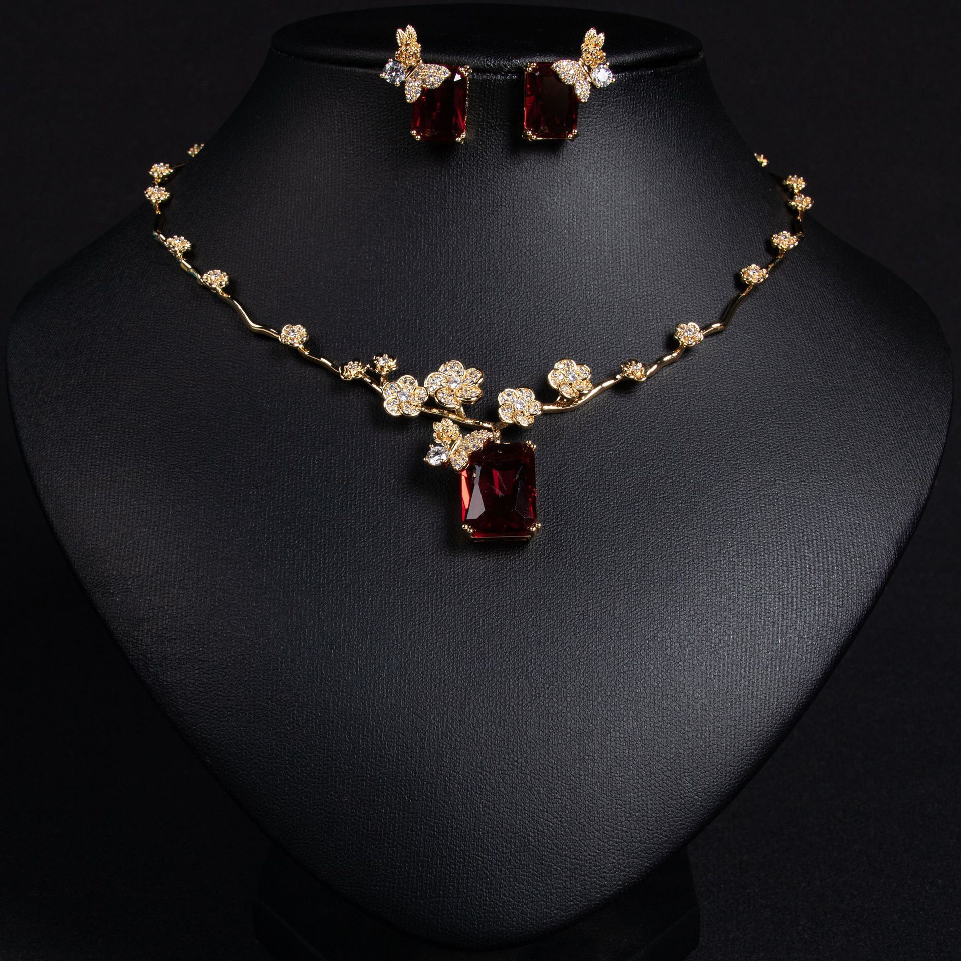 Fashionable Red Ruby Necklace Earring Set Simple Versatile Square Zirconia Pendant Clavicle Chain Jewelry Set For Women