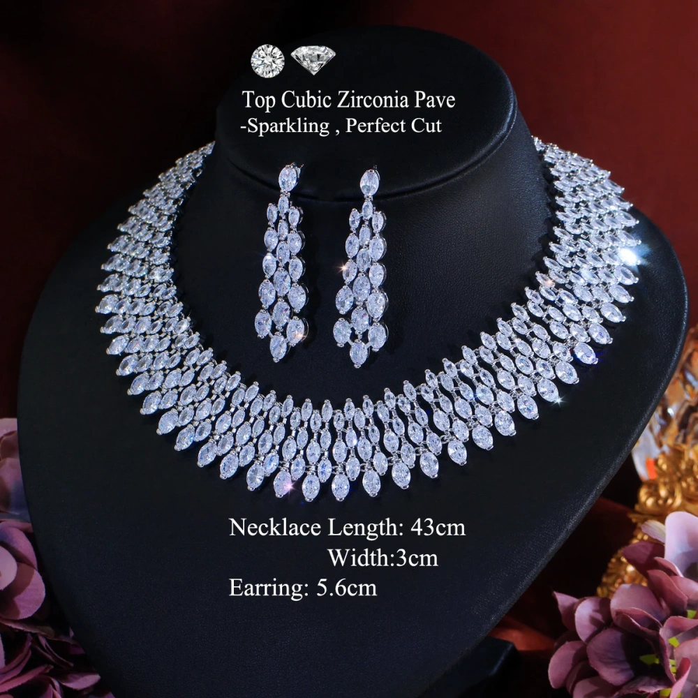 Rhodium Plated Copper Water Plated Zircon Geometric Pattern (Jewelry) Waterproof Non-Fading Wide Thick Women Bride Gorgeous Necklace Earrings Set For Women Wedding Season