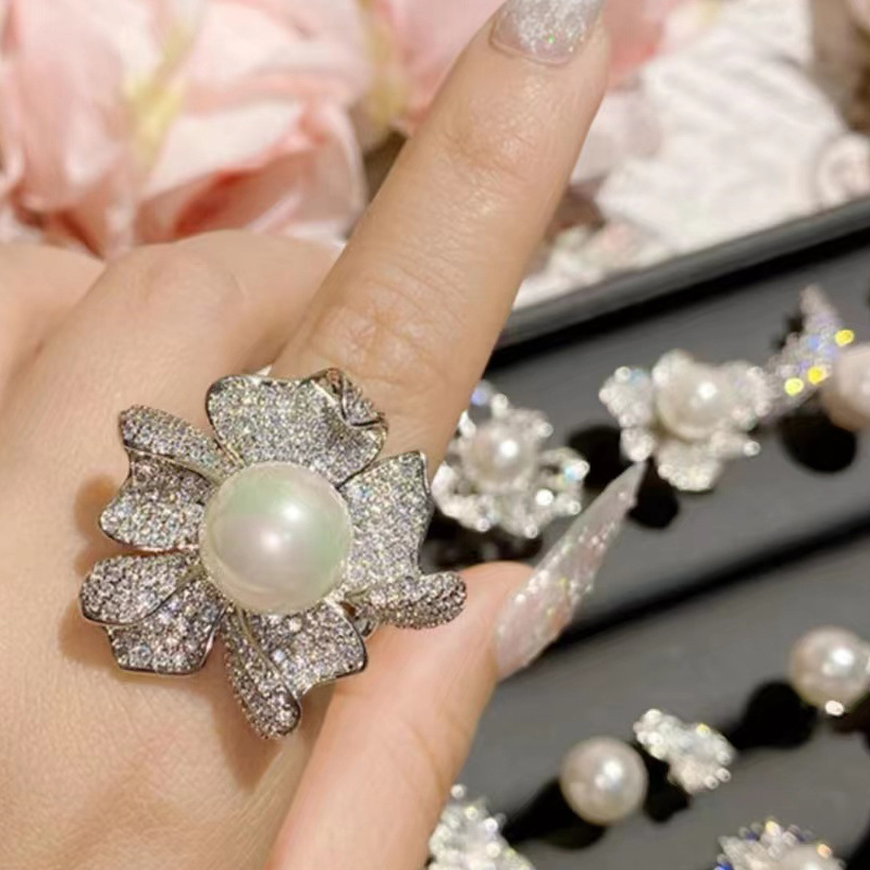 Pearl Ring Women's Adjustable Open Full Diamond French Retro Floral Design Ring