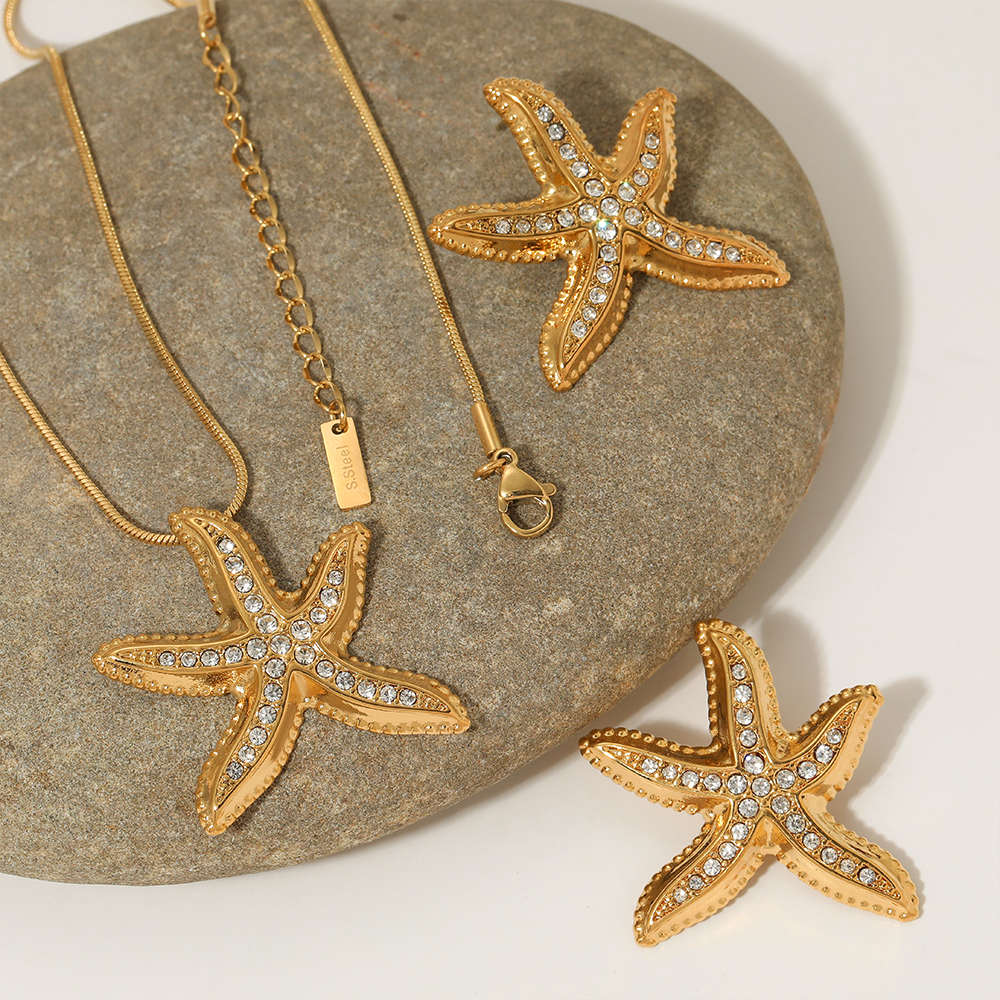 Real Gold Plated 316 Stainless Steel  Ion Plating (IP) Starfish Waterproof Non Tarnish Marine Style Beach Cable Chain Earrings Necklace For Women's