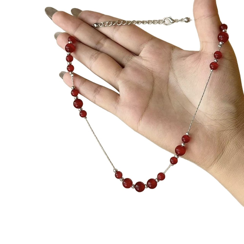 Red Agate Beaded Necklace For Women Short Clavicle Chain Design Jewelry Accessories Rose Gold Plated