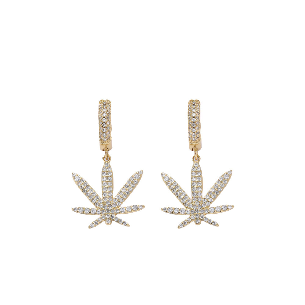 Leaf Shaped Zirconia Stud Earrings Hip Hop Personality Copper Jewelry For Men And Women  Style Fashion Accessories
