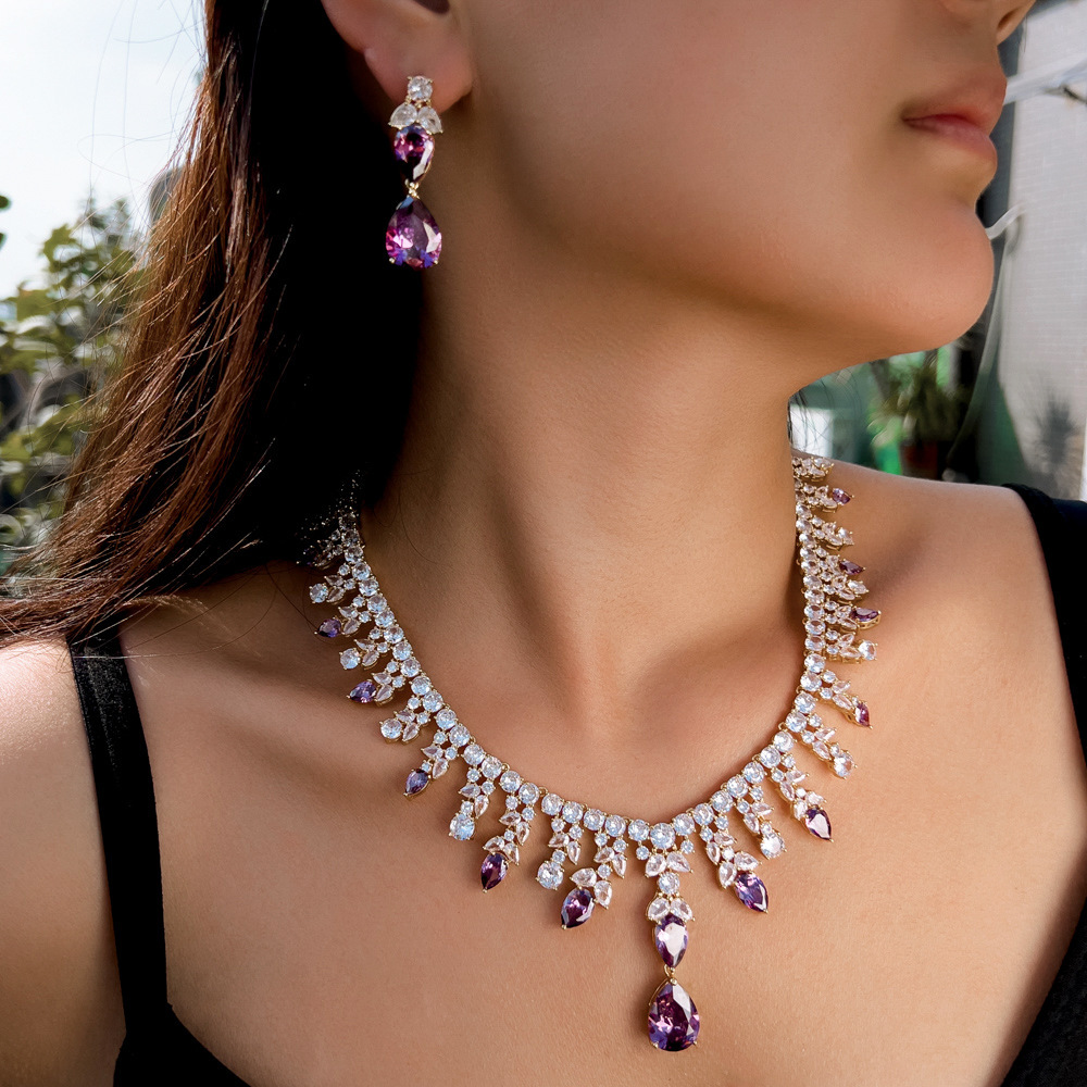 Elegant Teardrop Purple Zircon 2-Piece Copper Jewelry Set For Women - Luxury Wedding Party Date Night Accessory