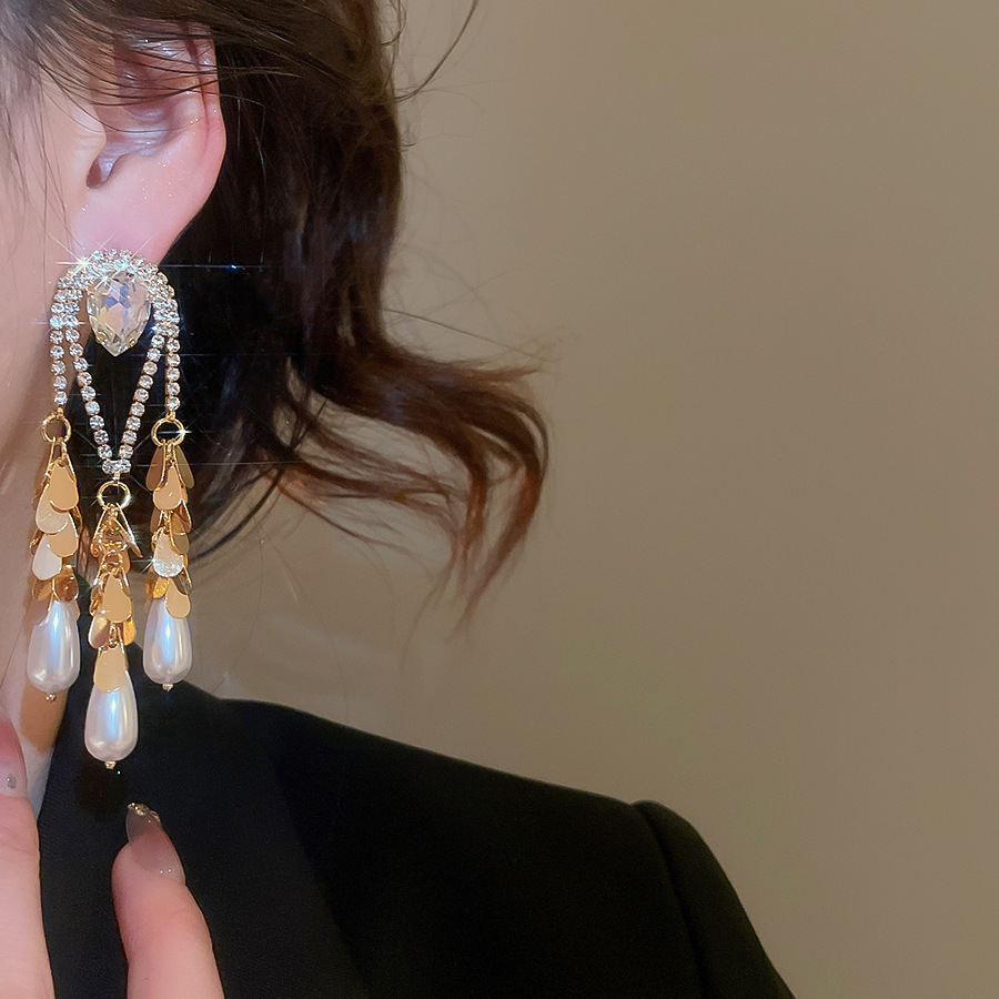 Gold Plated Silver Pin Inlaid Diamond Water Drop Pearl Earrings Vintage Heavy Earrings Jewelry Accessories