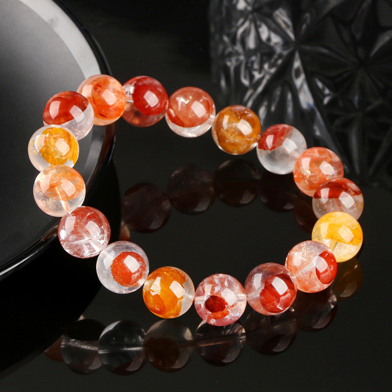 Natural Crystal Flower Bracelet Lucky Phoenix Feathers Red And Yellow Geometric Pattern Polished Round Beads Unisex Bracelet