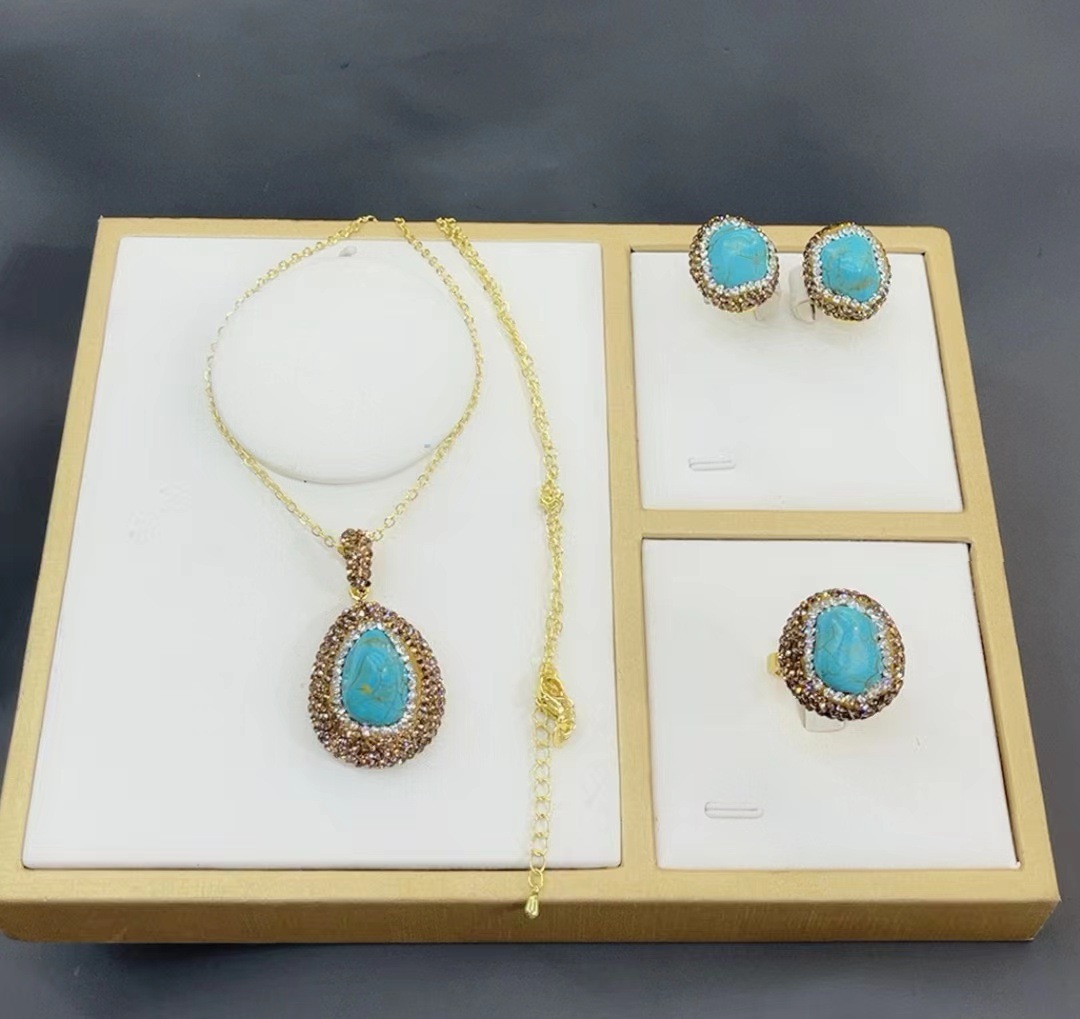 New Natural Turquoise Set  Style Vintage Necklace Earrings Ring Bracelet Jewelry Accessories