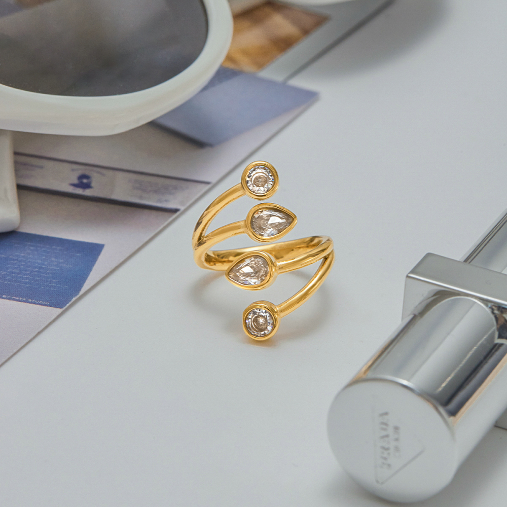 Ladies Minimalist Style Ring 18K Gold Stainless Steel Zirconia White Zirconia Waterdrop Round Open Ring Adjustable Size Travel Friendly