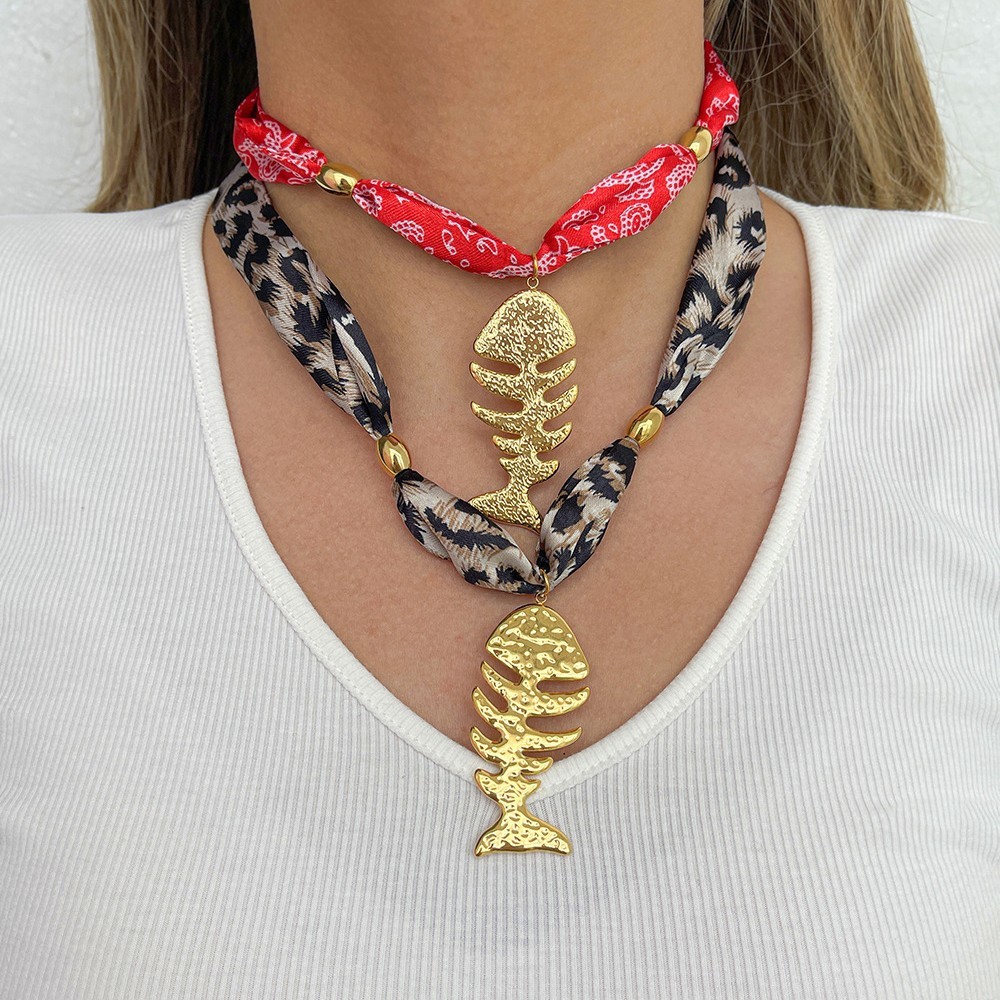 Trendy Titanium Steel Fishbone Pendant Necklace Women's Scarf Style Heart Design Geometric Animal Zodiac Fabric Titanium Steel Luxury Necklace