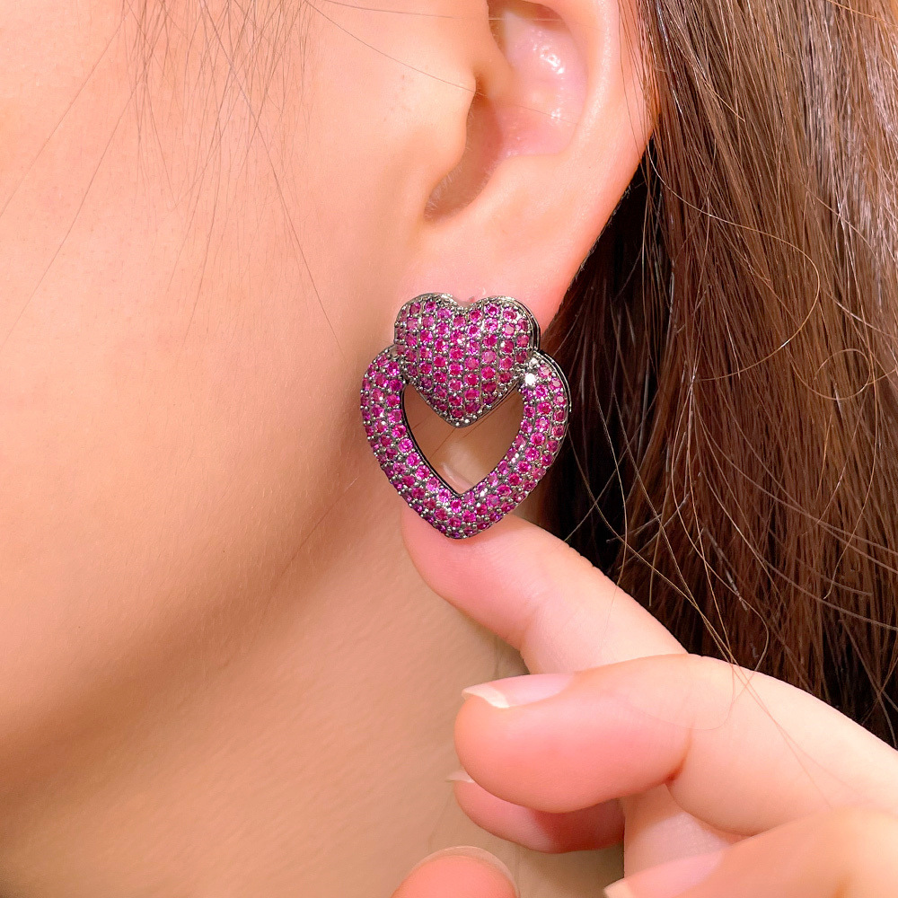 Copper Heart Shape Electroplating Zircon Rhodium Plated Classic Style Inlay Ear Studs