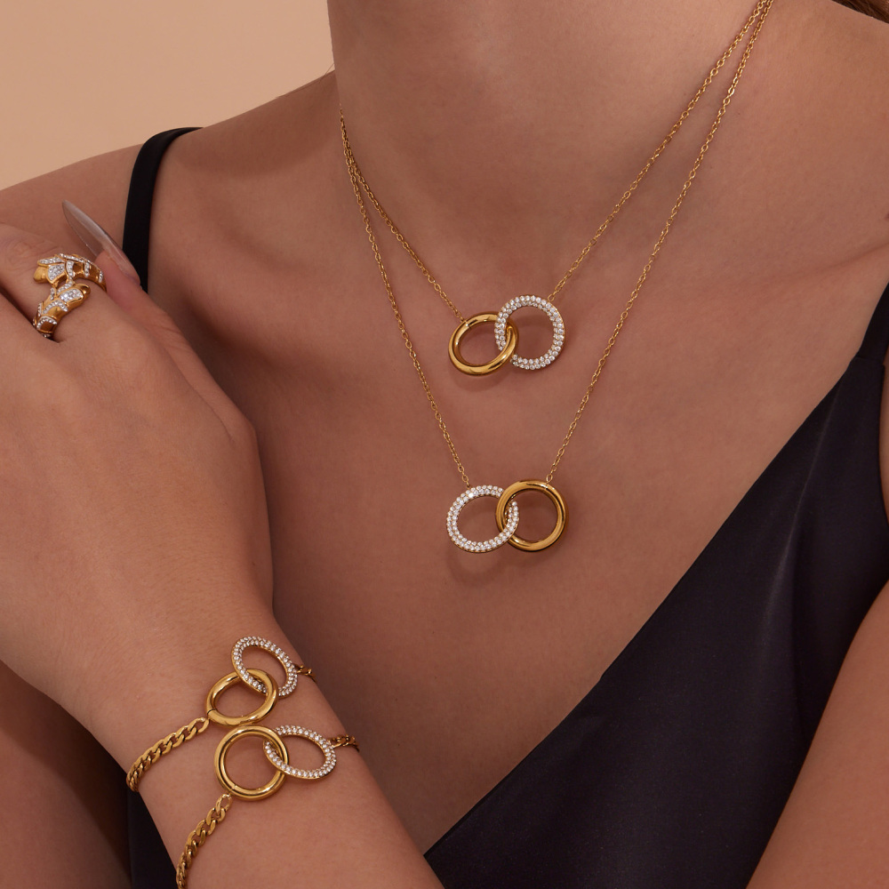 Stainless Steel Double Ring Zircon Necklace Bracelet 18K Gold Plated Fashionable Versatile Luxury Jewelry Accessories Set