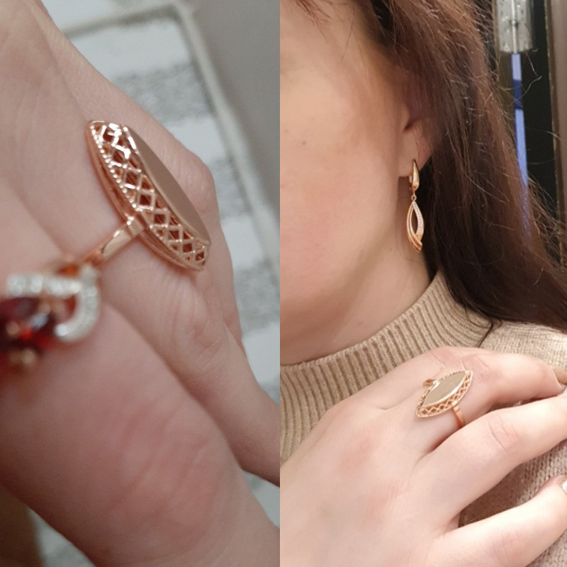 Luxury Ethnic Jewelry Set Smooth Horse Eye Ring Earrings Necklace Copper Plated Real Gold Geometric Pattern Women's Fashion Accessories
