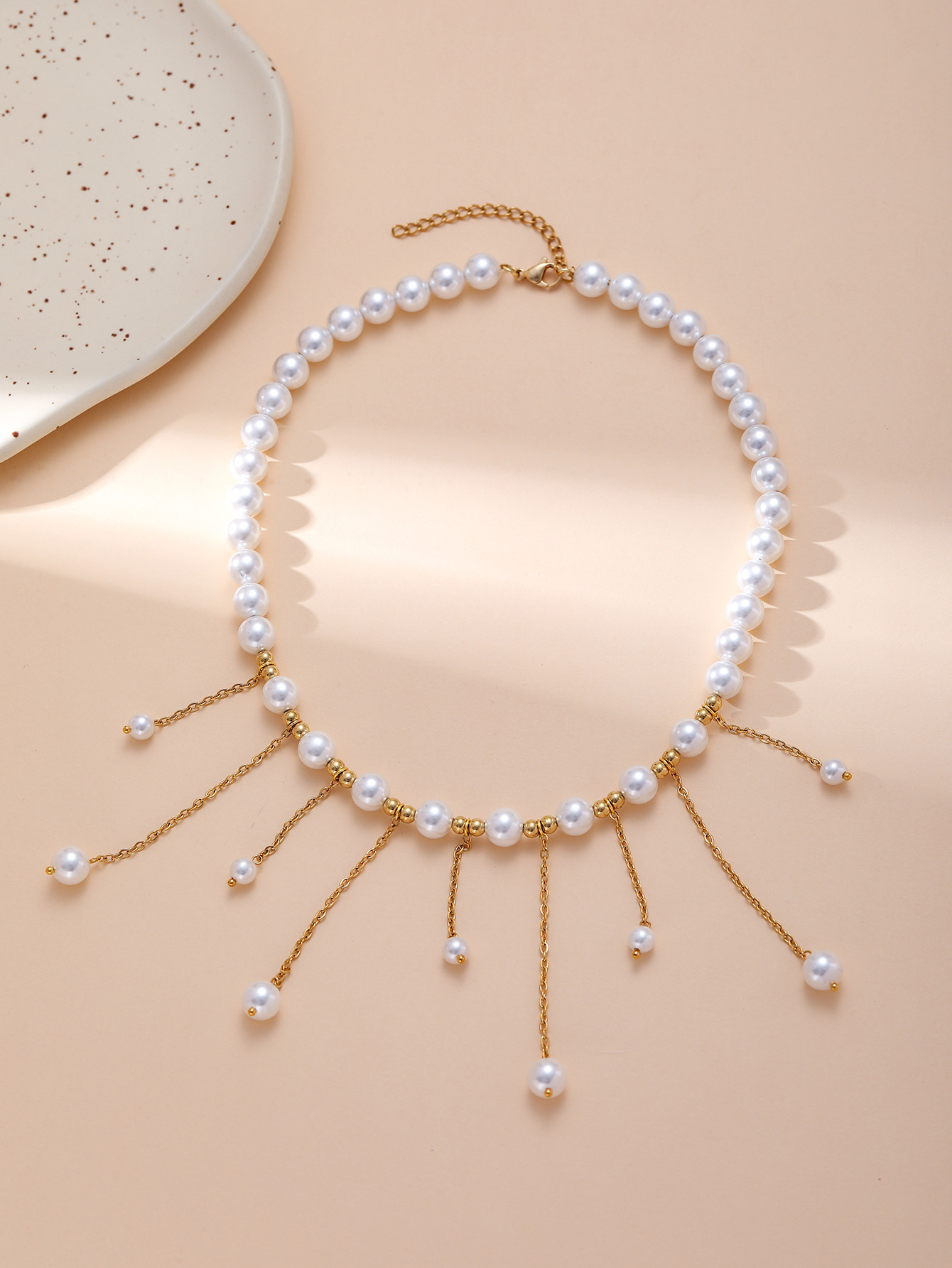 Fashion European And American UV Electroplated Pearl Necklace For Women, Long Pearl Chain With Tassel, Titanium Steel Fashion New Design Women's Jewelry Wholesale