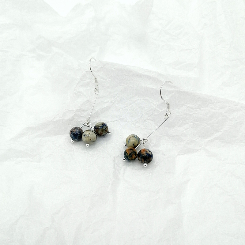 Natural Blue Copper Mine Earrings Women's S925 Silver Ear Needles INS Personality Trendy Three Lives Stone Ear Jewelry Hanfu Accessories