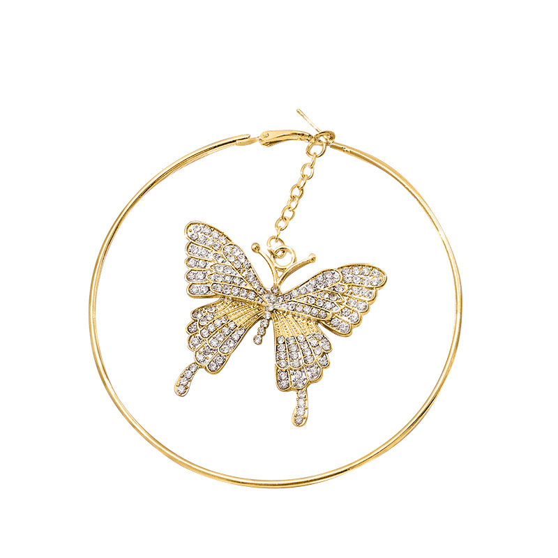 Butterfly Shaped Hoop Earrings Women's Fashion Diamond Pendants Circle Studs Elegant Jewelry Accessories Copper Material