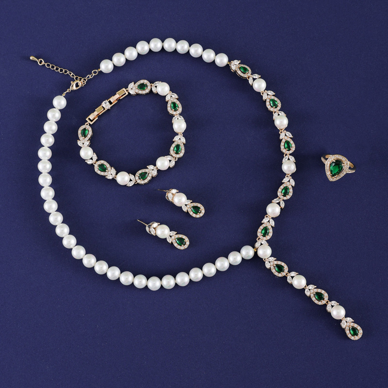 Luxurious Pearl Necklace And Earring Set Full Of Zirconium Stones For Banquet Elegant Accessories Wedding Jewelry