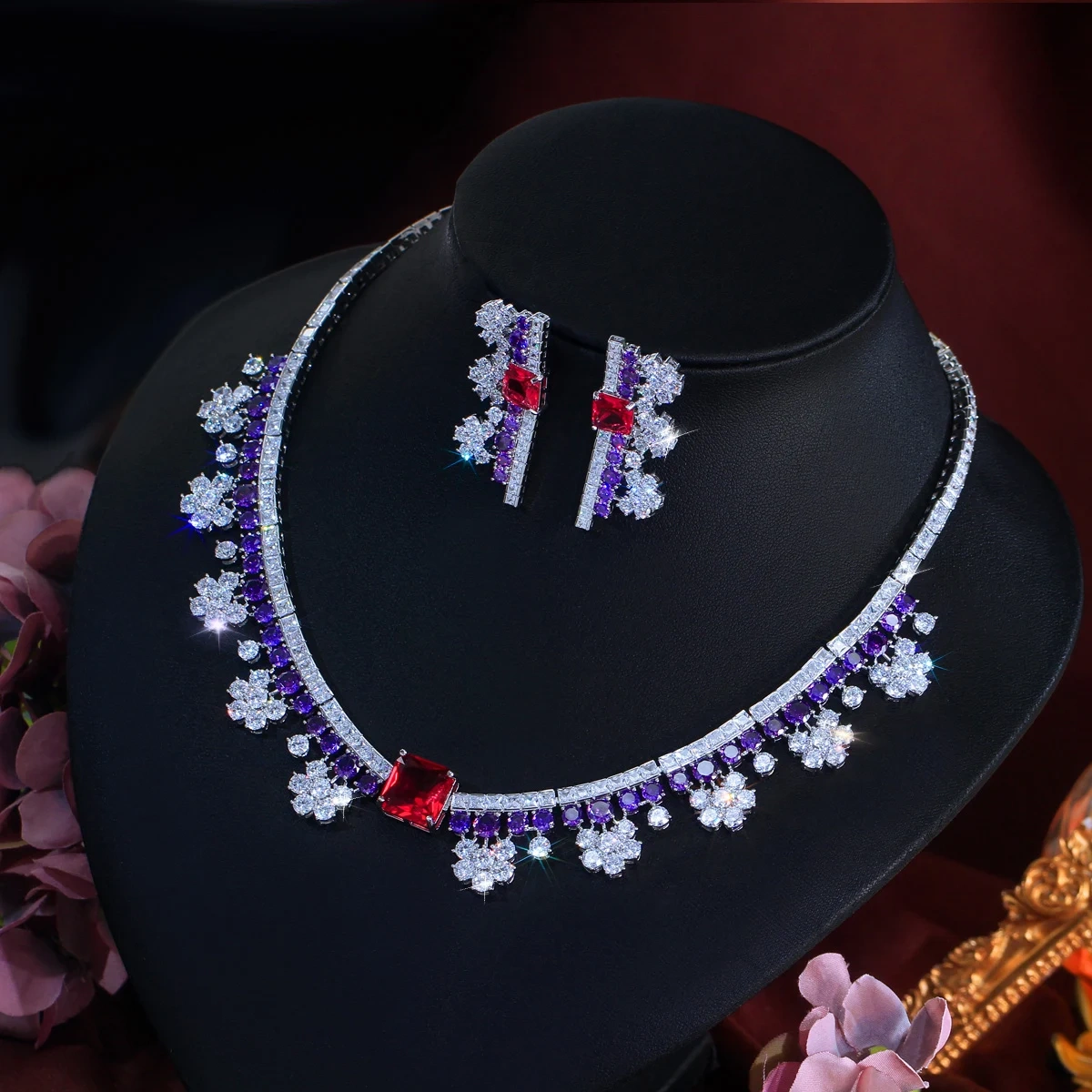 Copper Jewelry Two-Piece Set Charming Purple White Red Zircon Inlaid Floral Necklace Earring Set Suitable For Women Engagement/Wedding Ideal Jewelry Gift