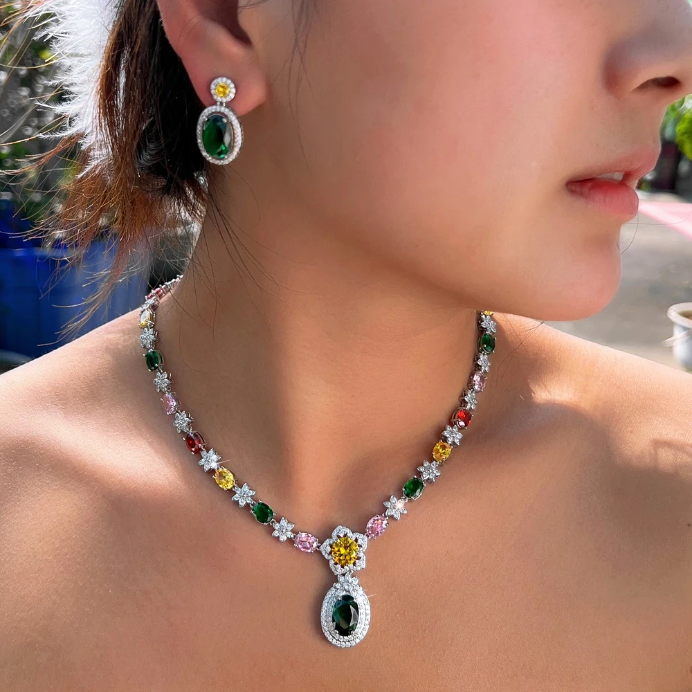 Water Plated White Gold Inlaid Colorful Zircon Flower Design Women's Wedding Jewelry Two-Piece Set Waterproof Non-Fading Tennis Chain