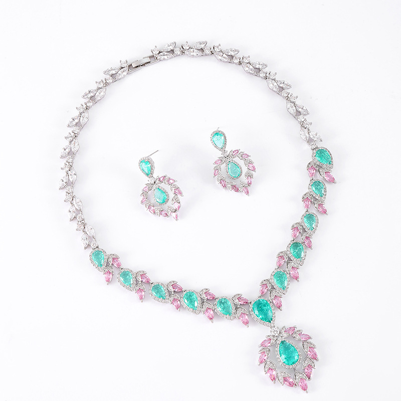 Bride Dress Jewelry Set Zircon Waterdrop Embedded Multicolor Middle East Accessories Necklace Earrings Jewelry Luxury Style