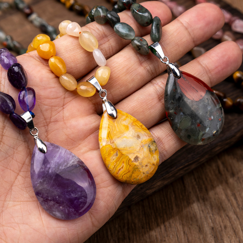 ZhouHang Natural Crystal Long Necklace Elegant Pendant Sweater Chain Amethyst Water Drop Earrings Jewelry Accessories