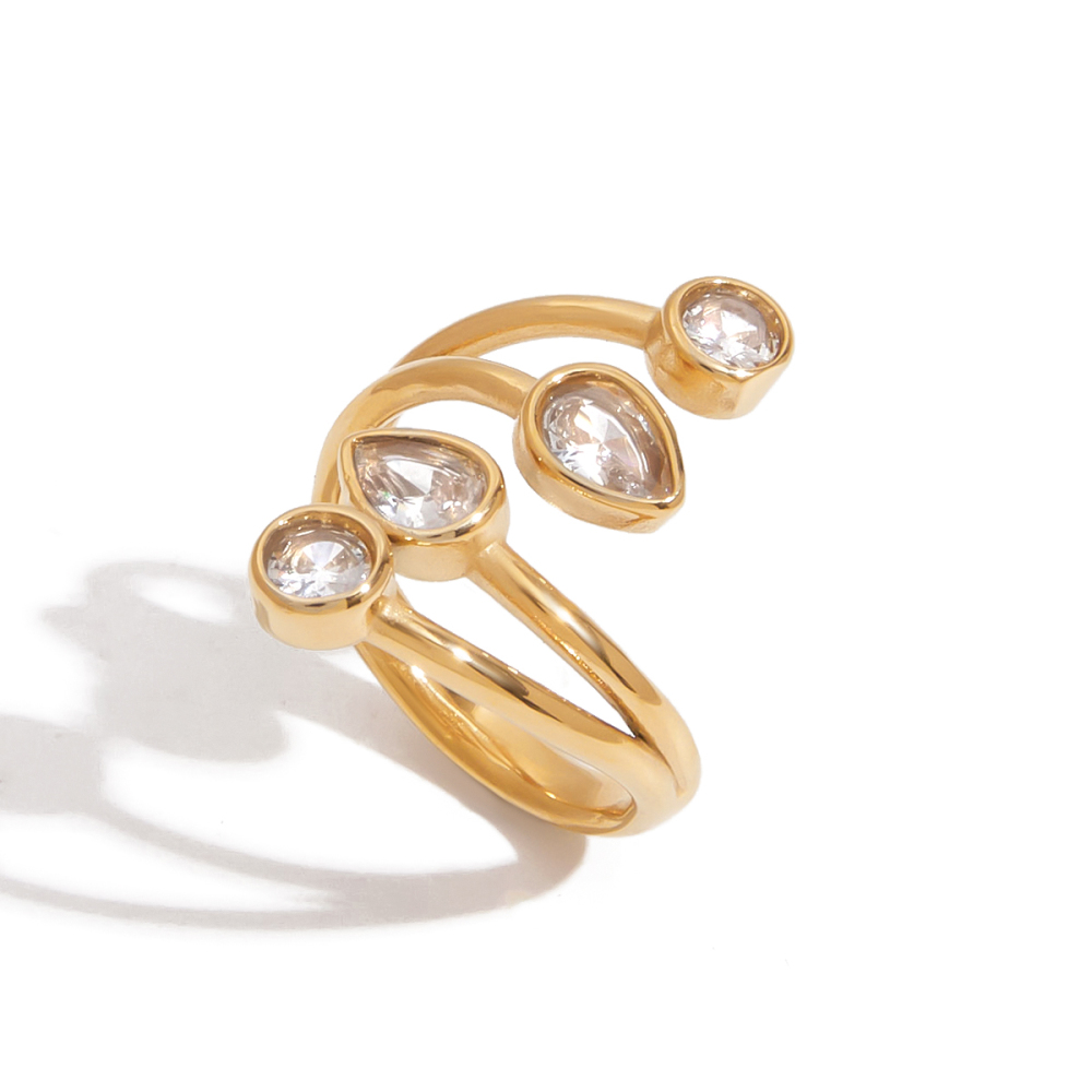 Ladies Minimalist Style Ring 18K Gold Stainless Steel Zirconia White Zirconia Waterdrop Round Open Ring Adjustable Size Travel Friendly