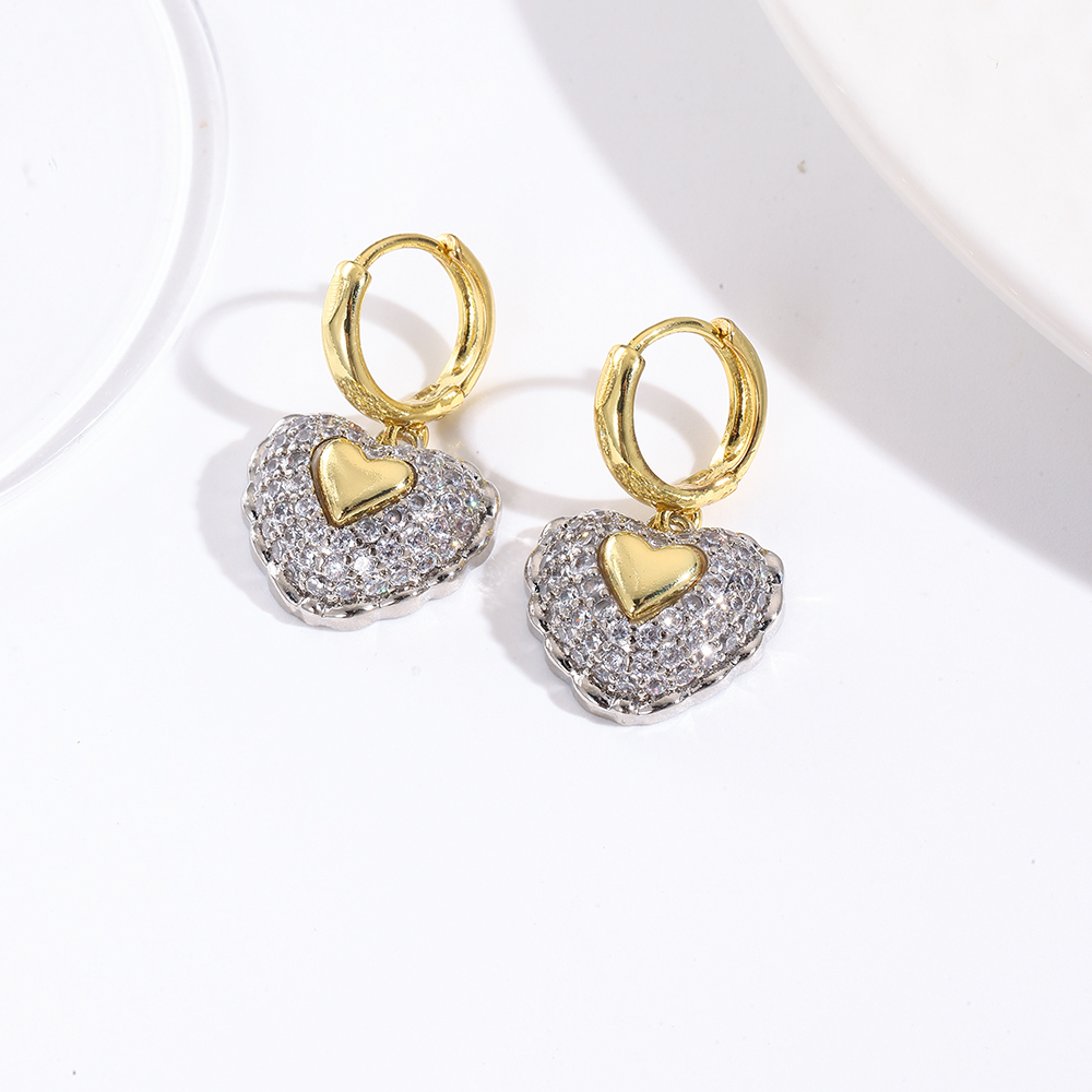 18K Gold Plated Smooth Color-Retaining Full Zirconia Two-Tone Heart-Shaped Dangle Earrings Ear Clips Ear Jewelry