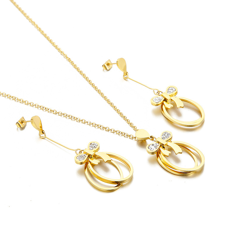 304 Stainless Steel Bow Knot PVD Coated Zircon 18K Real Gold Plated Simple Style Classic Style Waterproof Non Tarnish Inlay Jewelry Set