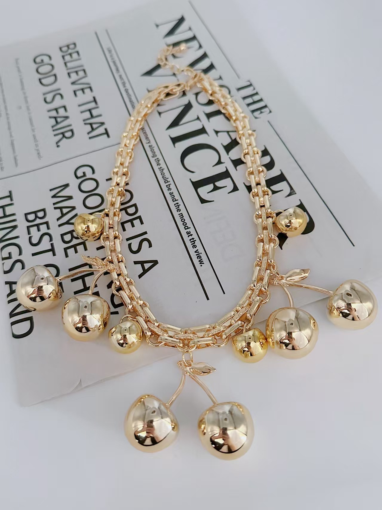 Wholesale Jewelry Elegant Classic Style Cherry Fruit Copper Gold Plated Multi Charms Necklace