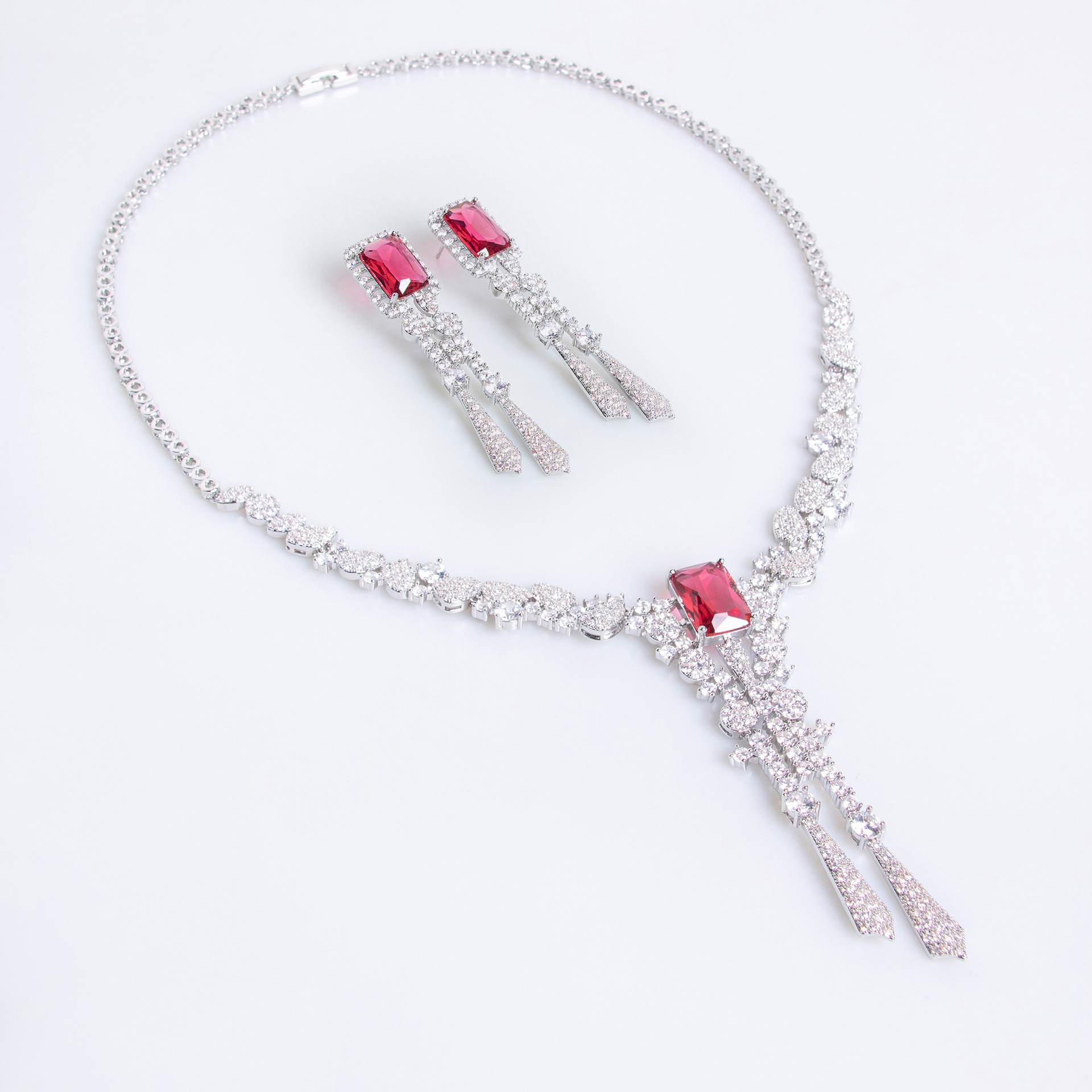 Elegant Simple Wedding Necklace Earring Set Zircon Flower Jewelry Accessories For Dress Silver Needle Tassel Decorations