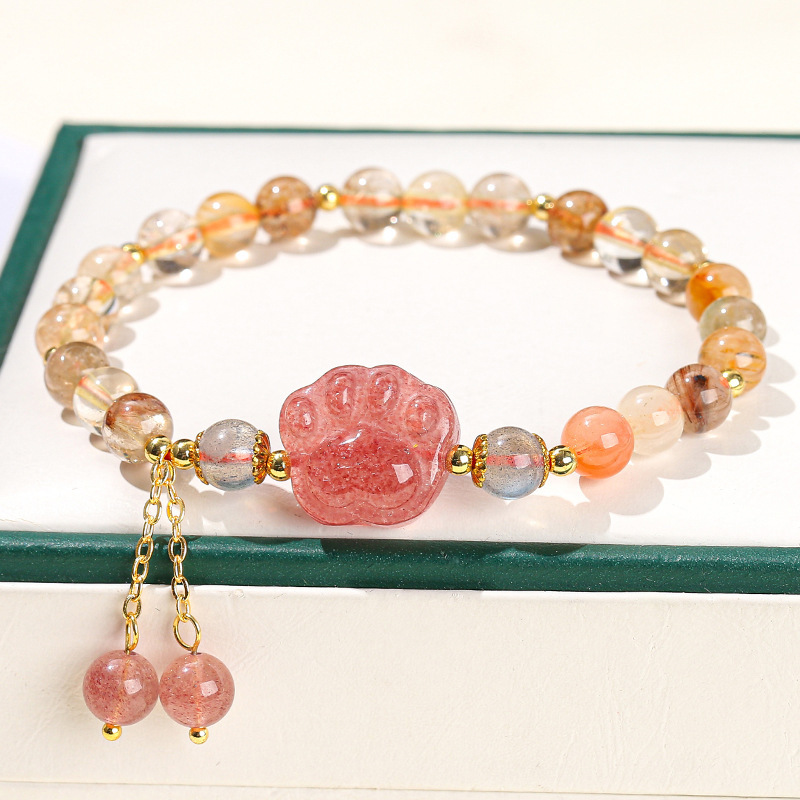 Natural Crystal Cat Paw Bracelet For Girls Cute Tassel Accessories Strawberry Crystal Hair Jewelry Crystal Animal Pattern Jewelry