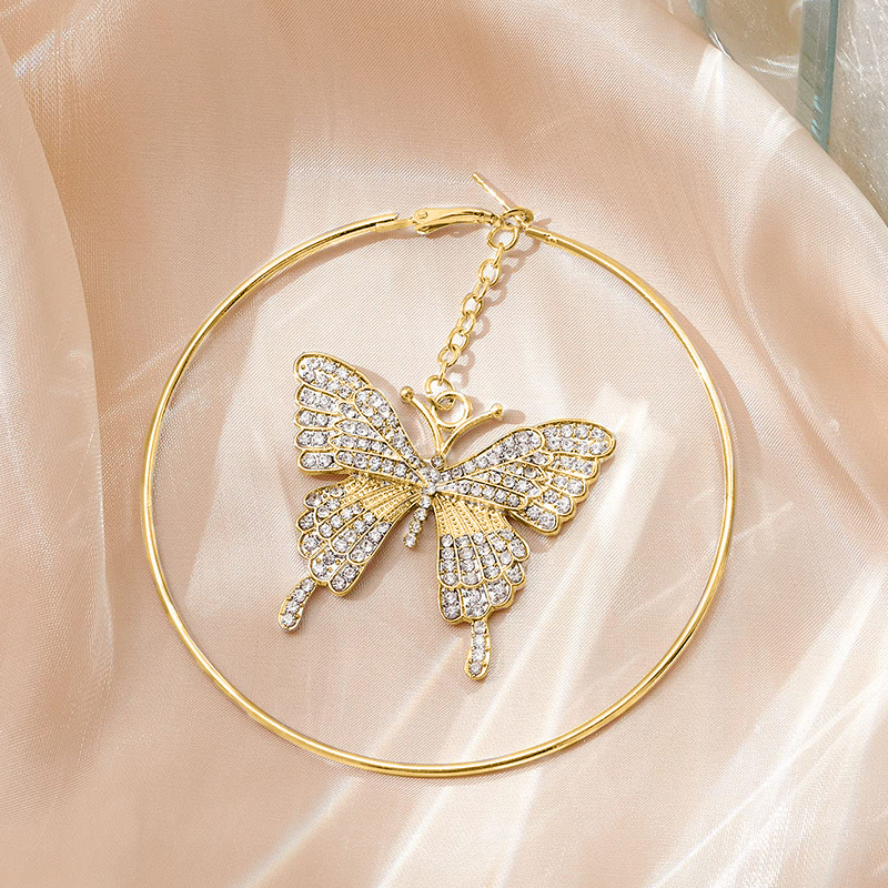 Butterfly Shaped Hoop Earrings Women's Fashion Diamond Pendants Circle Studs Elegant Jewelry Accessories Copper Material