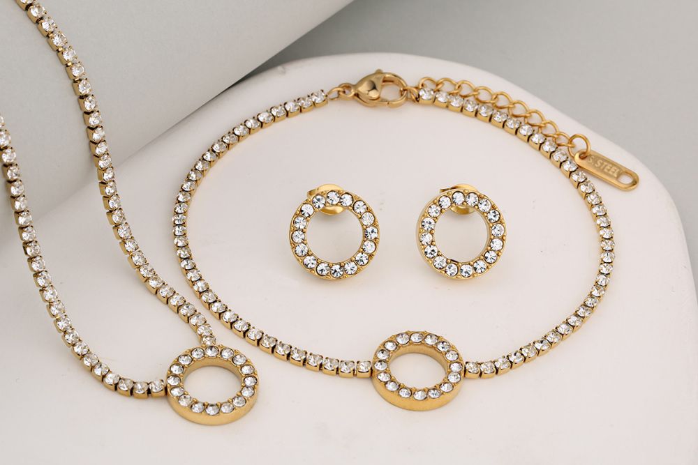 Stainless Steel Full Drill Jewelry Set Cross Circle Heart Shaped Vacuum Plating 18K Gold Dipped Water Diamond Accessories