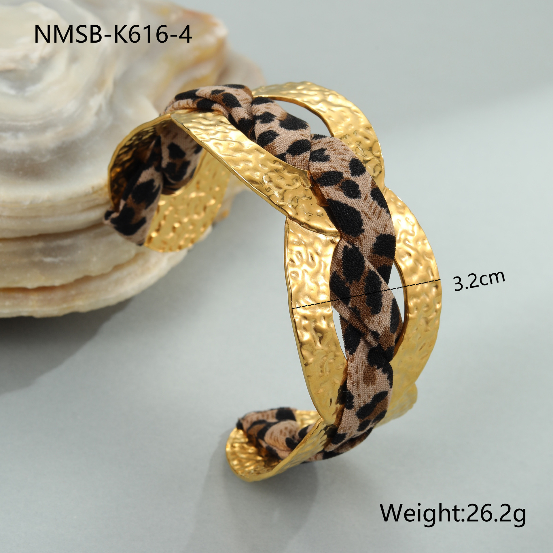 Stainless Steel Wide Open Bracelet With Leopard Print Ribbon Fashionable European Style Gold Plated Accessory For Women
