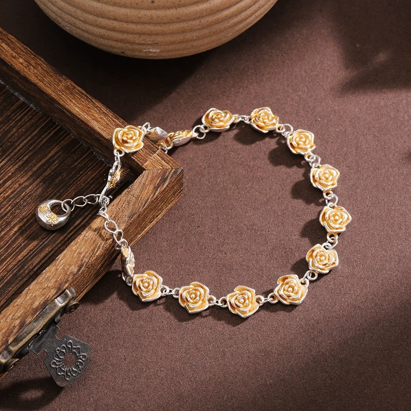 Silver-Plated Bracelet With Gold Rose Flower Geometric Pattern, Vintage Ethnic Style Joy Bracelet, National Trend Exquisite Versatile Fashion Light Luxury Gift For Girlfriend