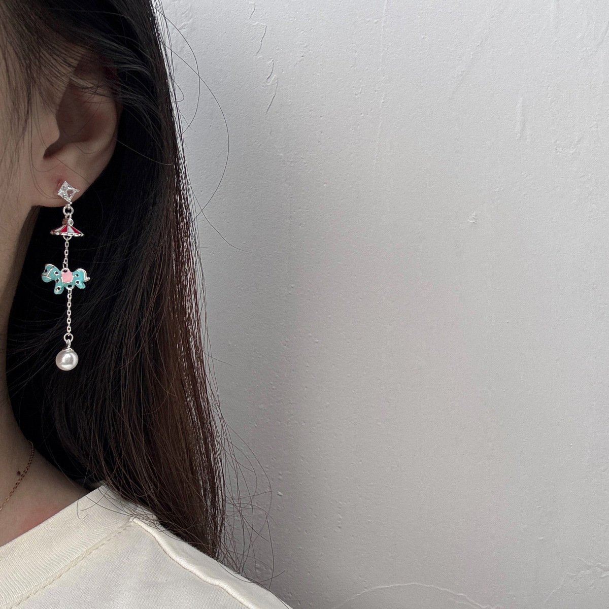 Creative Christmas Decorations Asymmetric Zircon Mini Umbrella Rotating Horse Pearl Earrings Jewelry Ear Studs For Women