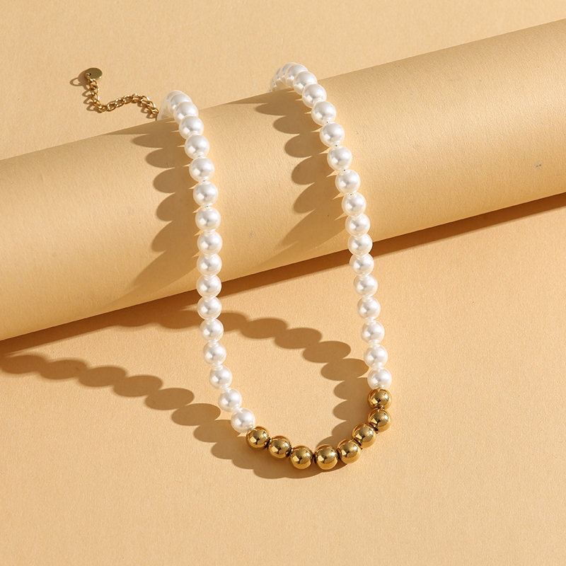 PVD Coated Real Gold Plated 18K Gold Round 304 Stainless Steel Glass Pearl Simple Style Classic Style Waterproof Non Tarnish 304 Stainless Steel Glass Pearl Necklace