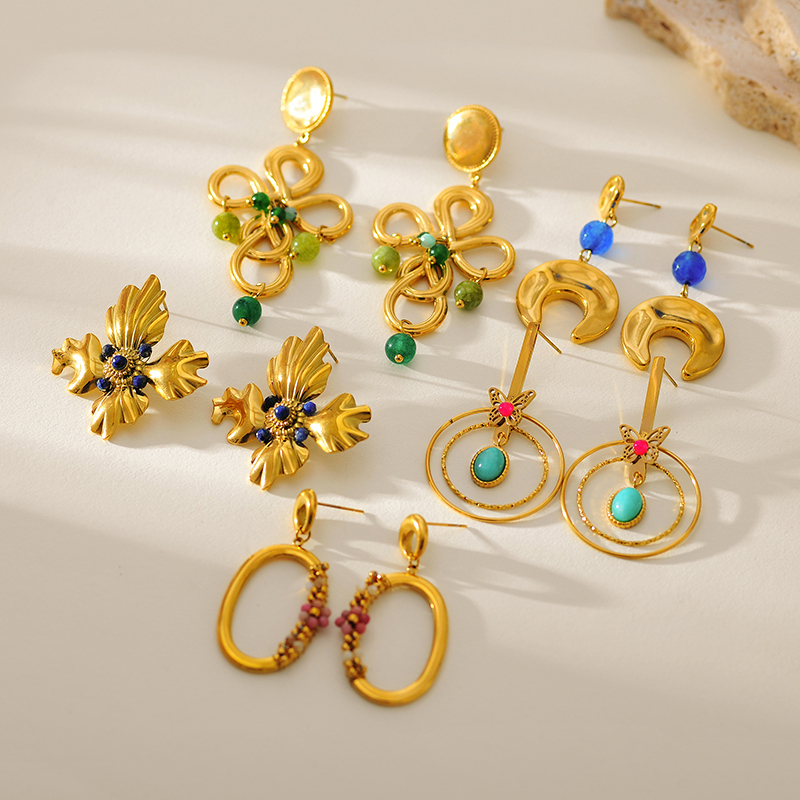 Ion Plating (IP) 14K Gold Plated Moon Flower Butterfly 304 Stainless Steel Elegant Glam Waterproof Non Tarnish Drop Earrings Ear Studs
