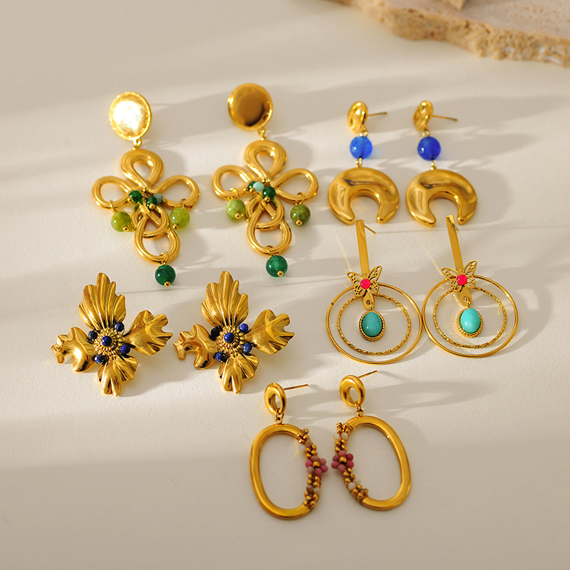 Ion Plating (IP) 14K Gold Plated Moon Flower Butterfly 304 Stainless Steel Elegant Glam Waterproof Non Tarnish Drop Earrings Ear Studs