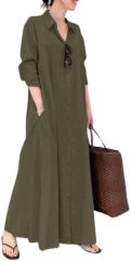 Women's Basic Loose Fit Long Sleeve Button Up Maxi Shirt Dress with Pockets,Dacheng Garments,Women's Basic Loose Fit Long Sleeve Button Up Maxi Shirt Dress with Pockets