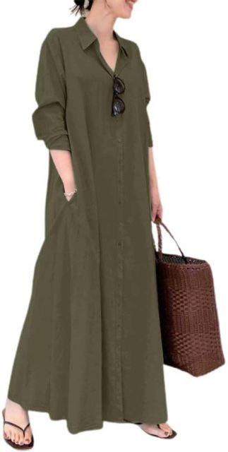 Women's Basic Loose Fit Long Sleeve Button Up Maxi Shirt Dress with Pockets,Dacheng Garments,Women's Basic Loose Fit Long Sleeve Button Up Maxi Shirt Dress with Pockets
